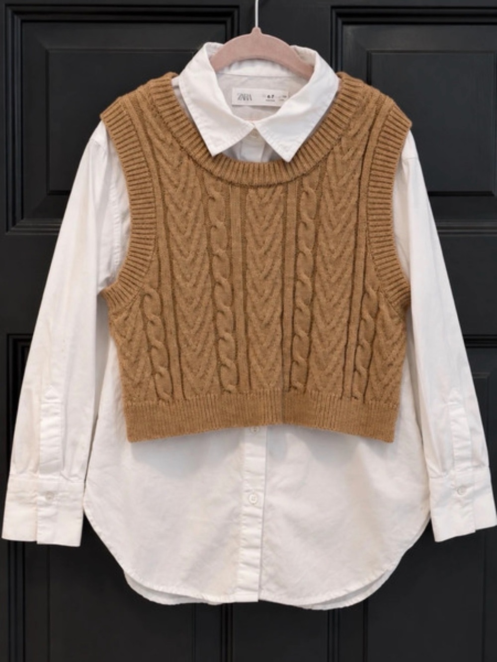 ZARA Shirt with Knit overlay Sweater Vest in Camel -